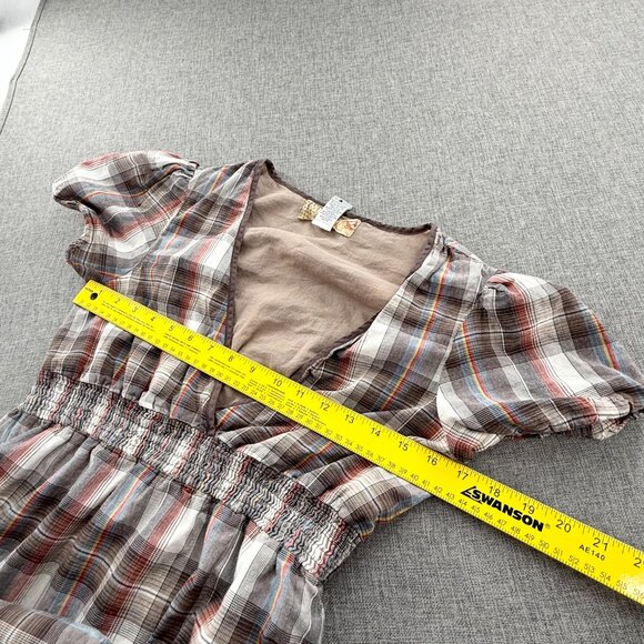 Billabong Vintage Plaid Dress Lined Low V-Neck Short Sleeve 100% Cotton Large - Picture 10 of 14